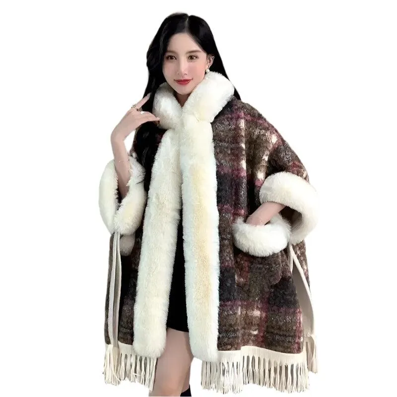 Hooded Overcoat Plaid Faux Lamb Fur Women’s Long Thick Velvet Poncho Cloak