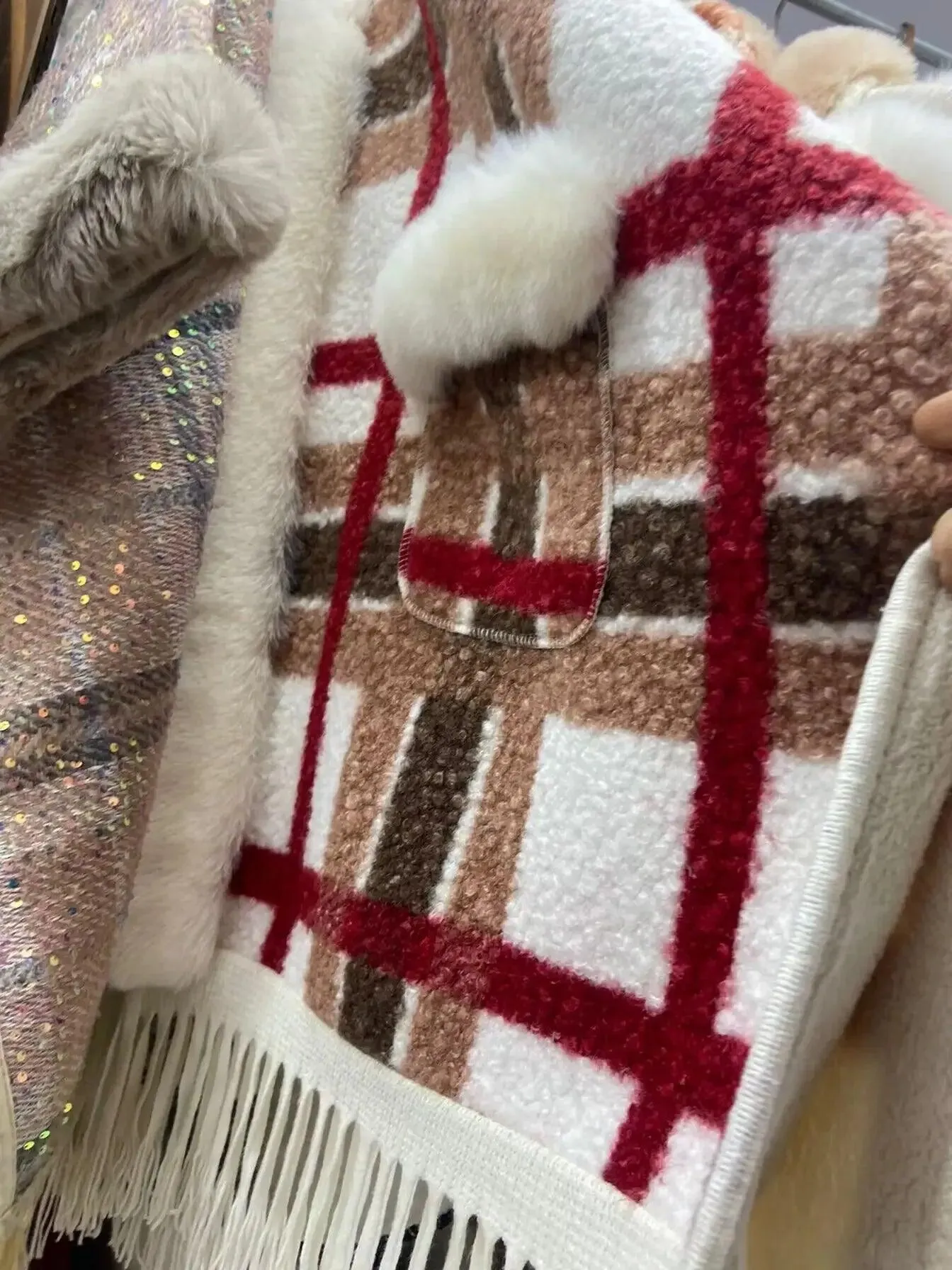 Hooded Overcoat Plaid Faux Lamb Fur Women’s Long Thick Velvet Poncho Cloak