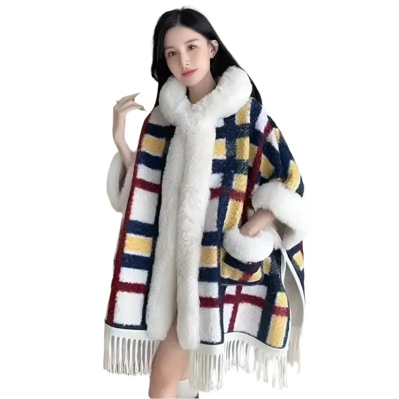 Hooded Overcoat Plaid Faux Lamb Fur Women’s Long Thick Velvet Poncho Cloak