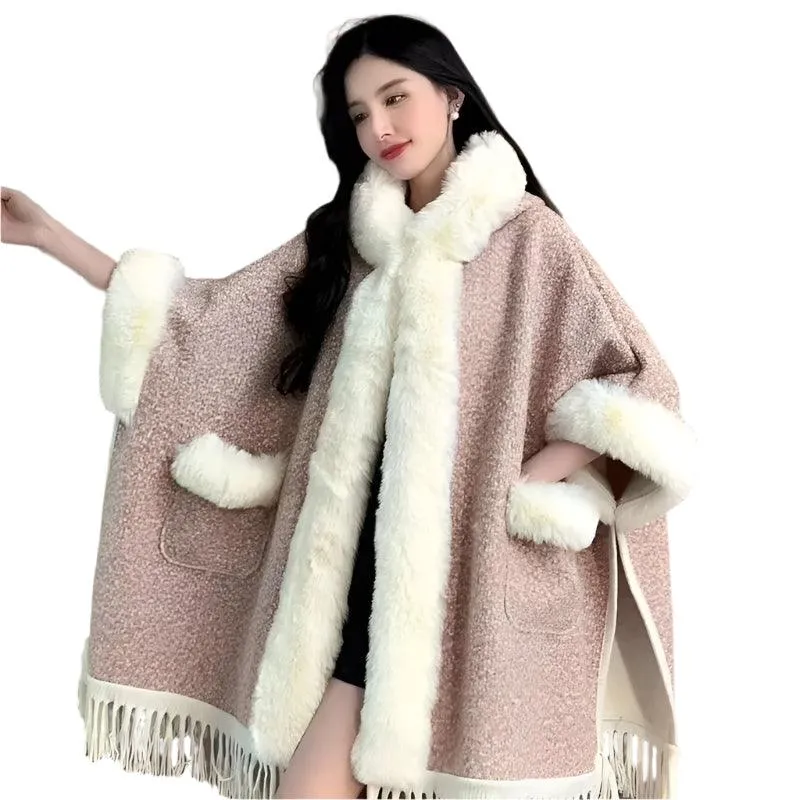 Hooded Overcoat Plaid Faux Lamb Fur Women’s Long Thick Velvet Poncho Cloak