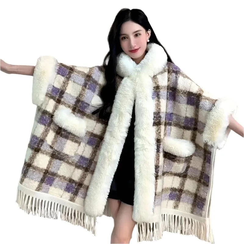 Hooded Overcoat Plaid Faux Lamb Fur Women’s Long Thick Velvet Poncho Cloak