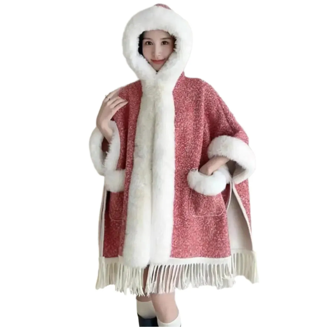 Hooded Overcoat Plaid Faux Lamb Fur Women’s Long Thick Velvet Poncho Cloak