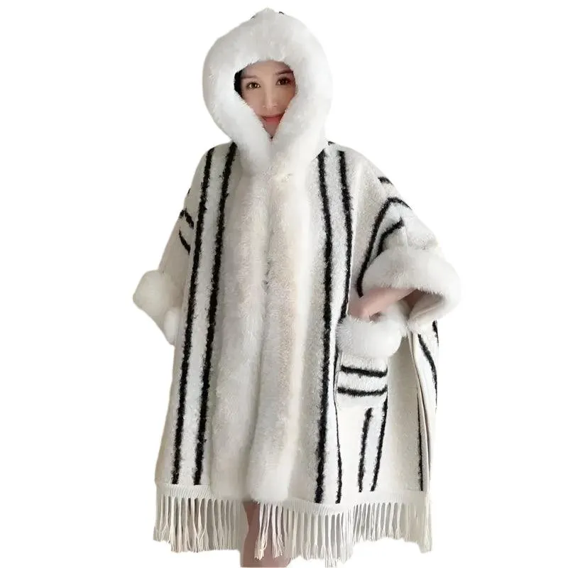 Hooded Overcoat Plaid Faux Lamb Fur Women’s Long Thick Velvet Poncho Cloak