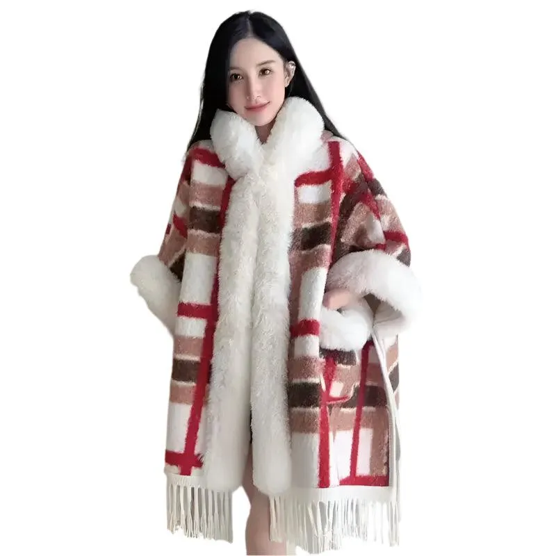 Hooded Overcoat Plaid Faux Lamb Fur Women’s Long Thick Velvet Poncho Cloak