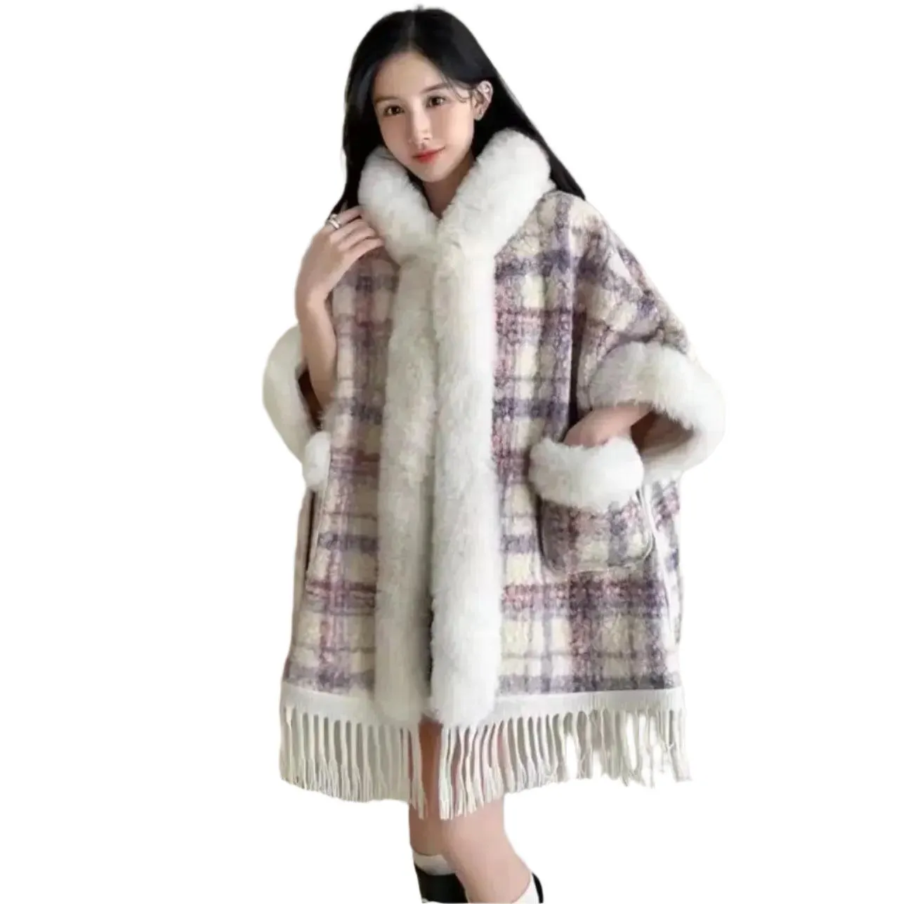 Hooded Overcoat Plaid Faux Lamb Fur Women’s Long Thick Velvet Poncho Cloak