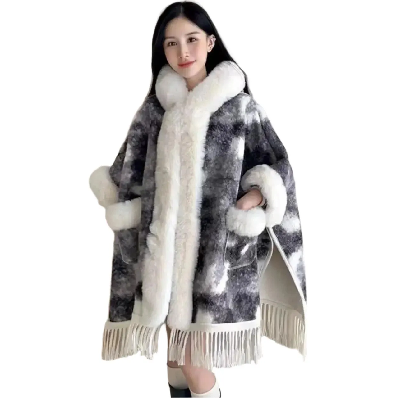 Hooded Overcoat Plaid Faux Lamb Fur Women’s Long Thick Velvet Poncho Cloak