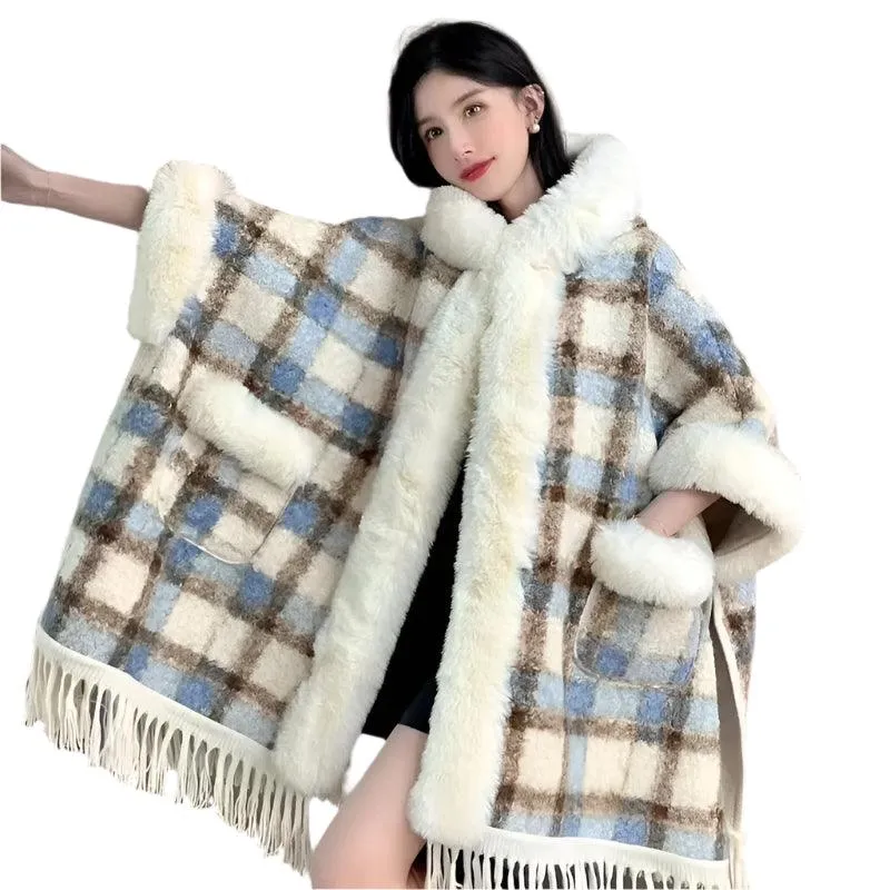 Hooded Overcoat Plaid Faux Lamb Fur Women’s Long Thick Velvet Poncho Cloak
