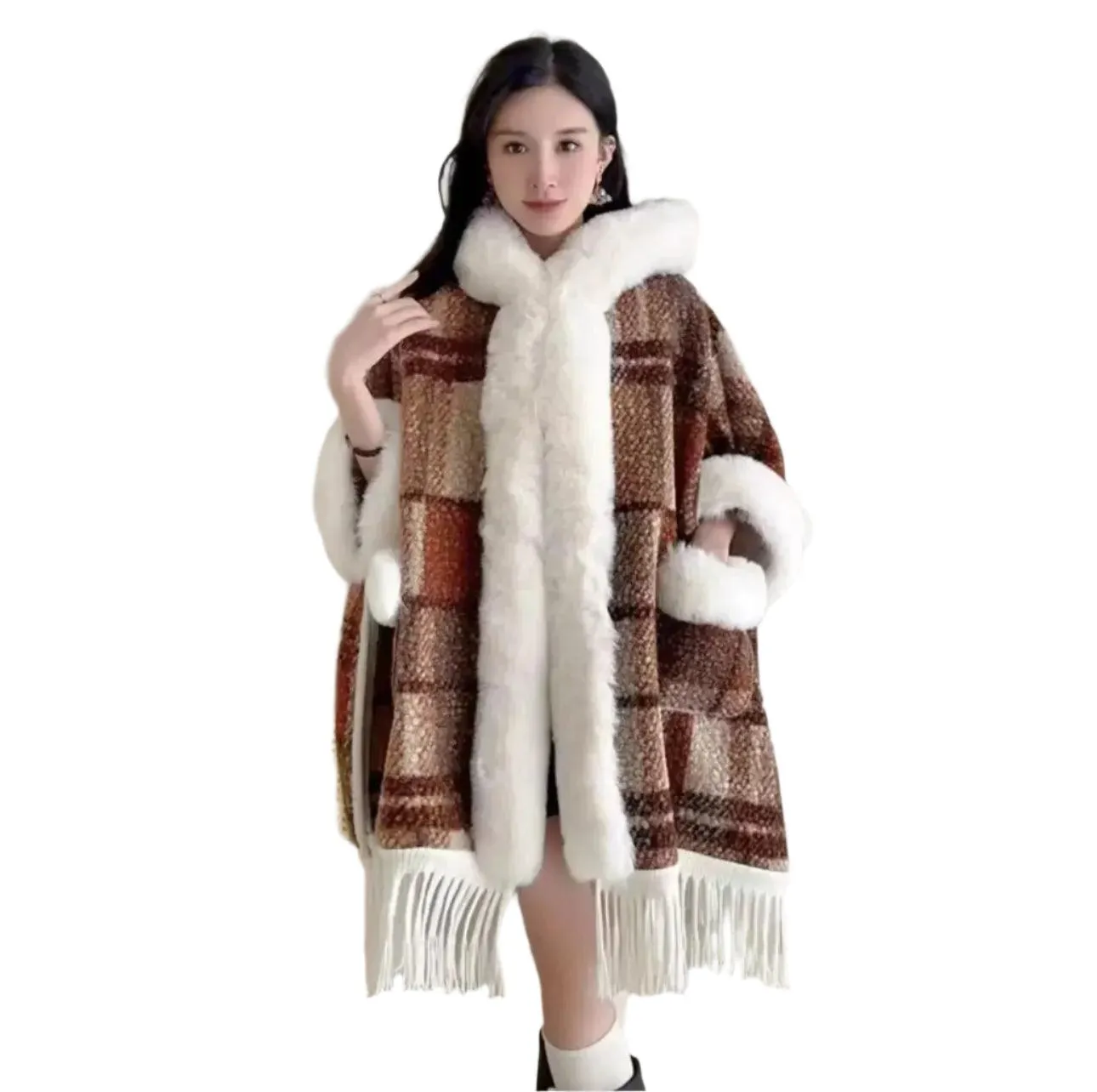 Hooded Overcoat Plaid Faux Lamb Fur Women’s Long Thick Velvet Poncho Cloak