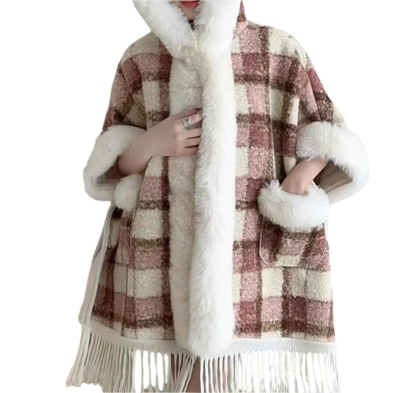 Hooded Overcoat Plaid Faux Lamb Fur Women’s Long Thick Velvet Poncho Cloak
