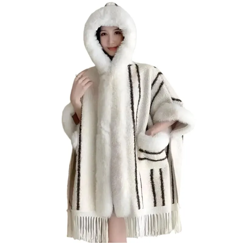 Hooded Overcoat Plaid Faux Lamb Fur Women’s Long Thick Velvet Poncho Cloak