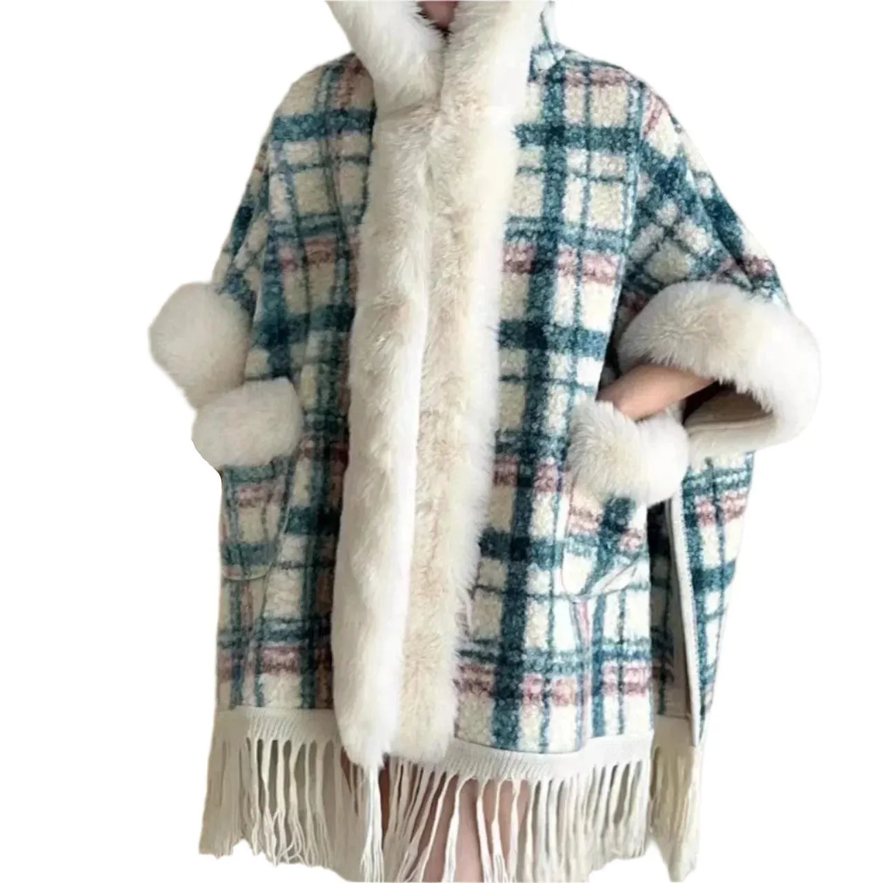 Hooded Overcoat Plaid Faux Lamb Fur Women’s Long Thick Velvet Poncho Cloak
