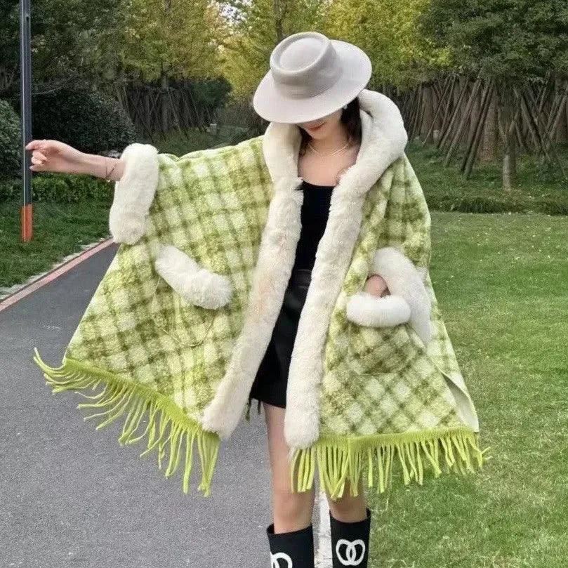 Hooded Overcoat Plaid Faux Lamb Fur Women’s Long Thick Velvet Poncho Cloak