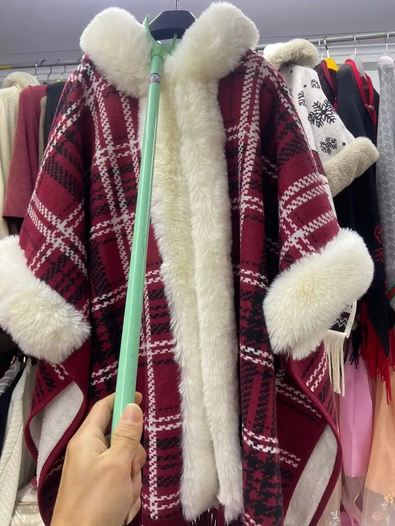 Hooded Overcoat Plaid Faux Lamb Fur Women’s Long Thick Velvet Poncho Cloak