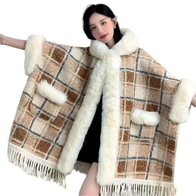 Hooded Overcoat Plaid Faux Lamb Fur Women’s Long Thick Velvet Poncho Cloak