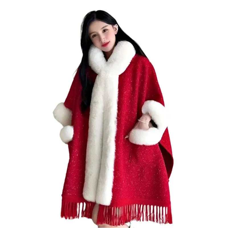 Hooded Overcoat Plaid Faux Lamb Fur Women’s Long Thick Velvet Poncho Cloak