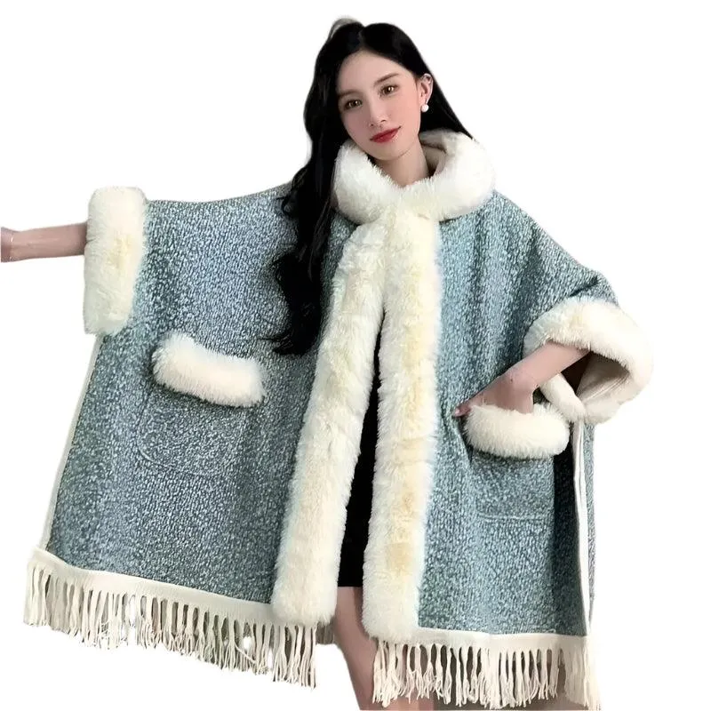 Hooded Overcoat Plaid Faux Lamb Fur Women’s Long Thick Velvet Poncho Cloak