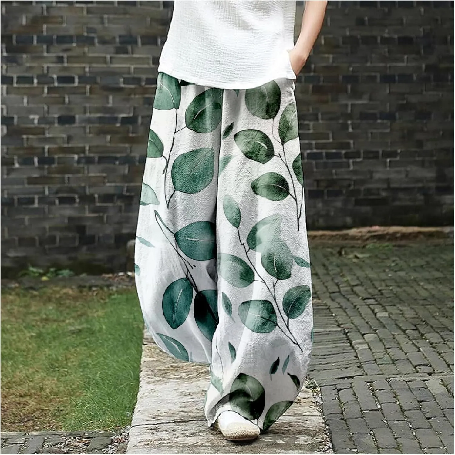 HOTYD Wide Leg Lantern Pants for Women Boho Floral Printed Low Rise Casual Pants Elastic Waist Baggy Trousers with Pockets