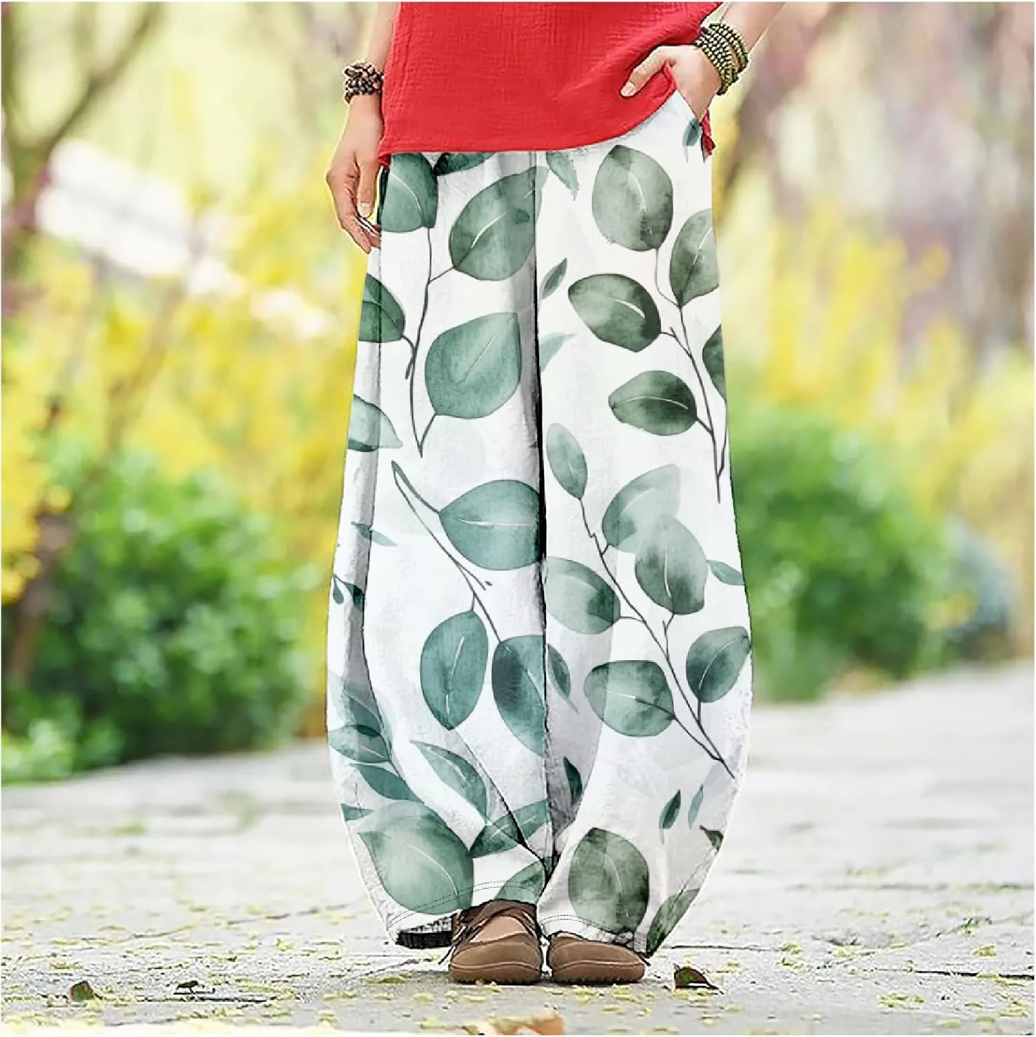HOTYD Wide Leg Lantern Pants for Women Boho Floral Printed Low Rise Casual Pants Elastic Waist Baggy Trousers with Pockets