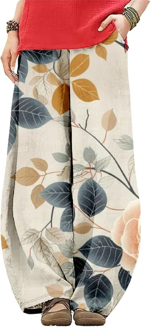 HOTYD Wide Leg Lantern Pants for Women Boho Floral Printed Low Rise Casual Pants Elastic Waist Baggy Trousers with Pockets