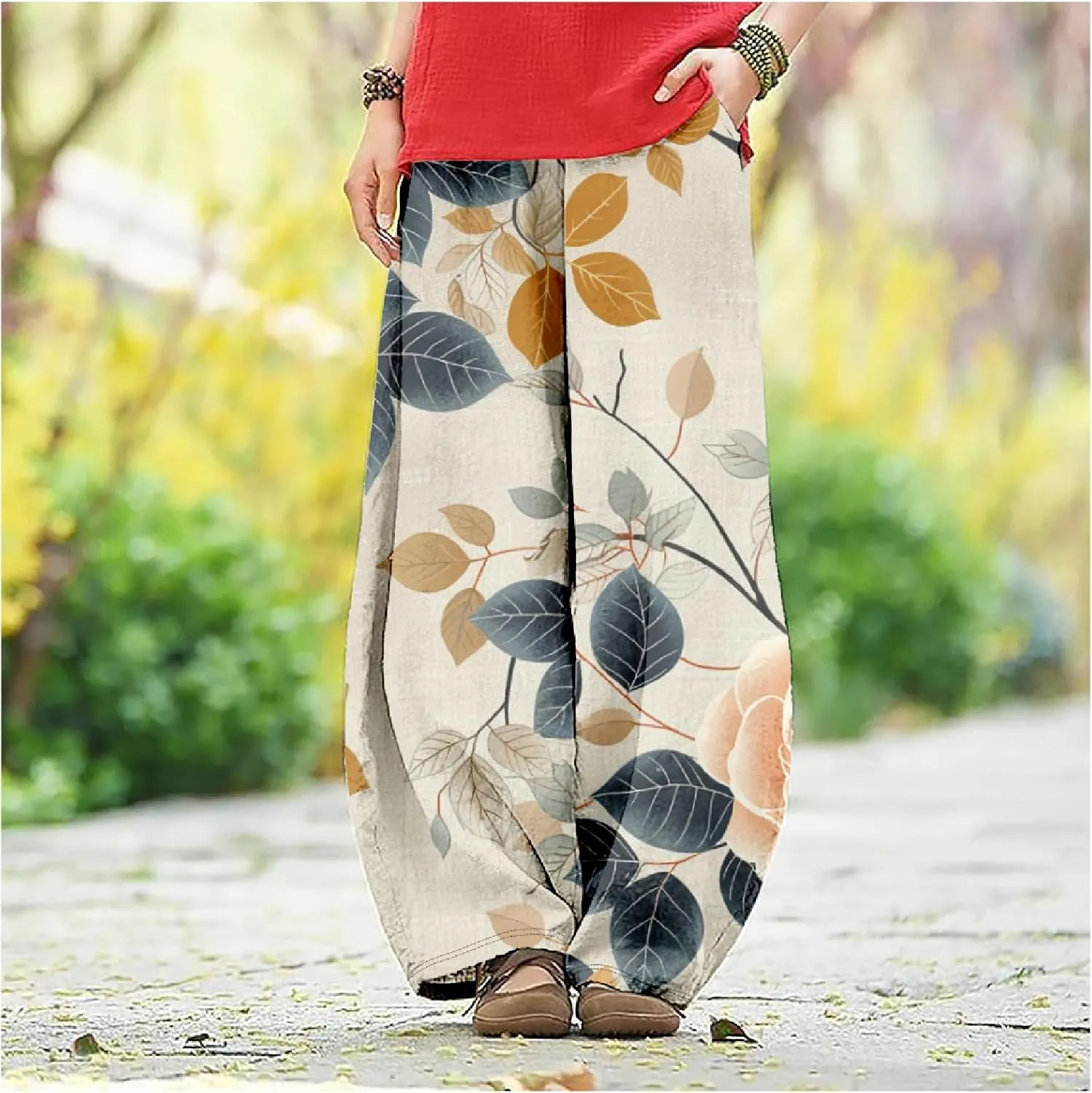 HOTYD Wide Leg Lantern Pants for Women Boho Floral Printed Low Rise Casual Pants Elastic Waist Baggy Trousers with Pockets