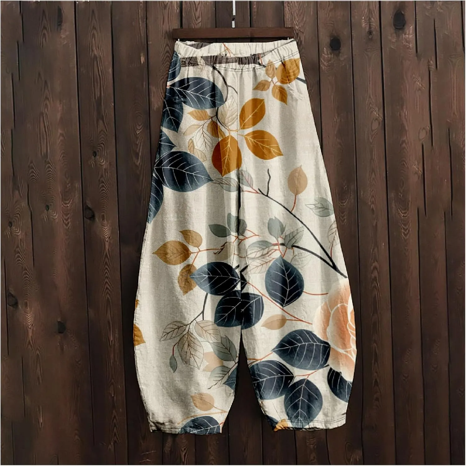 HOTYD Wide Leg Lantern Pants for Women Boho Floral Printed Low Rise Casual Pants Elastic Waist Baggy Trousers with Pockets