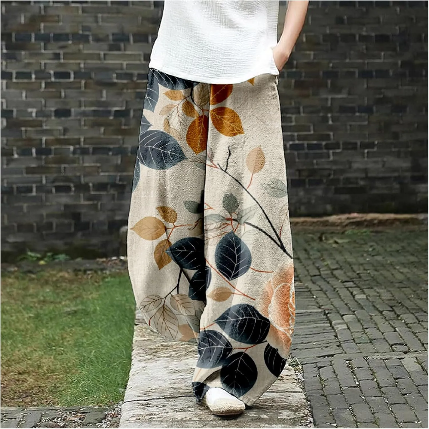 HOTYD Wide Leg Lantern Pants for Women Boho Floral Printed Low Rise Casual Pants Elastic Waist Baggy Trousers with Pockets