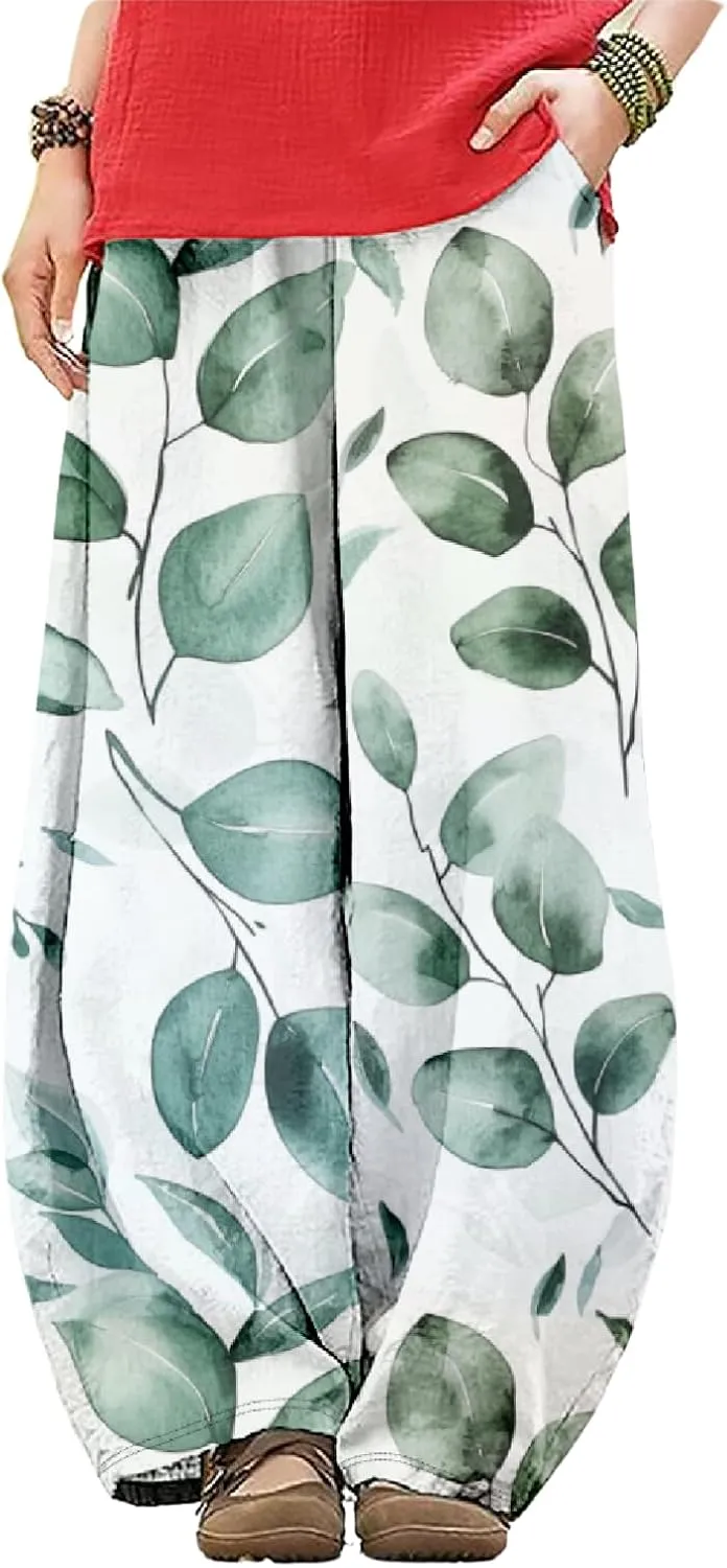 HOTYD Wide Leg Lantern Pants for Women Boho Floral Printed Low Rise Casual Pants Elastic Waist Baggy Trousers with Pockets