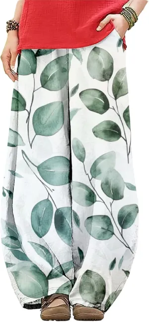 HOTYD Wide Leg Lantern Pants for Women Boho Floral Printed Low Rise Casual Pants Elastic Waist Baggy Trousers with Pockets