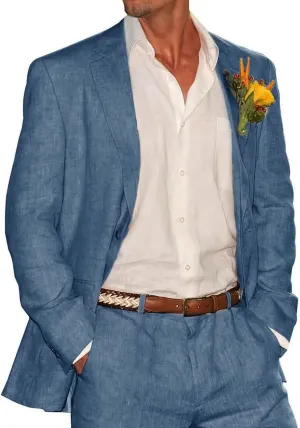 HUUTOE Men's Linen Suit 2 Piece Slim Fit Prom Party Business Beach Wedding Groomsmen Suits Linen Blazer Pants Tuxedo Set
