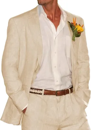 HUUTOE Men's Linen Suit 2 Piece Slim Fit Prom Party Business Beach Wedding Groomsmen Suits Linen Blazer Pants Tuxedo Set