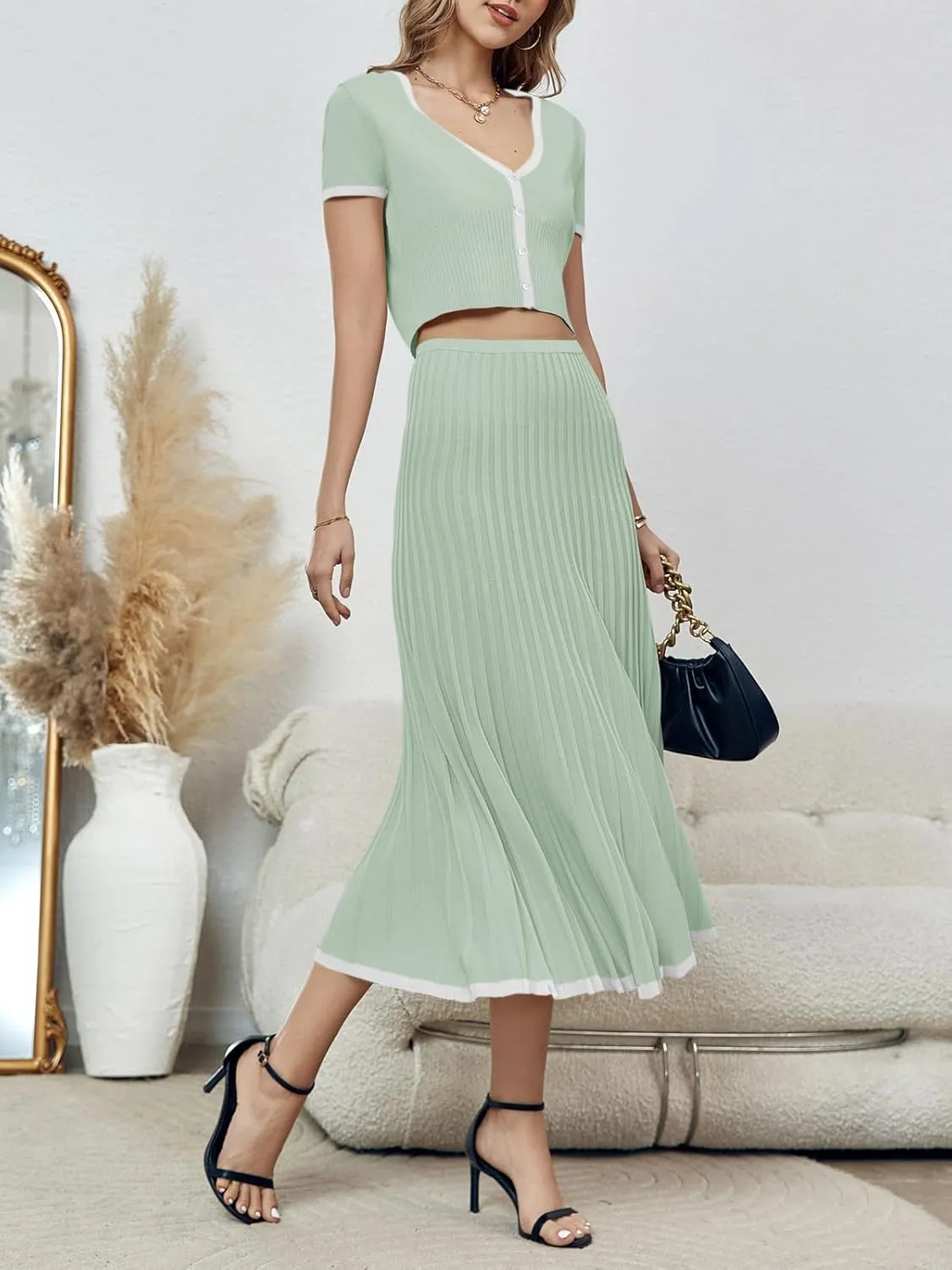 Imily Bela Womens 2 Piece Sweater Outfits Sets Short Sleeve V Neck Crop Top Knit Midi Long Pleated Skirt Dresses