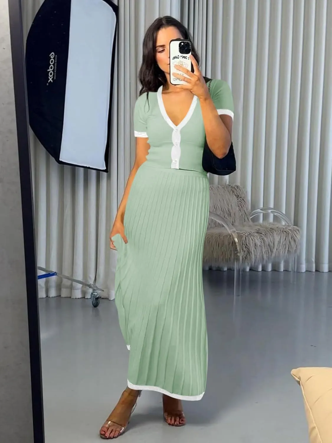 Imily Bela Womens 2 Piece Sweater Outfits Sets Short Sleeve V Neck Crop Top Knit Midi Long Pleated Skirt Dresses