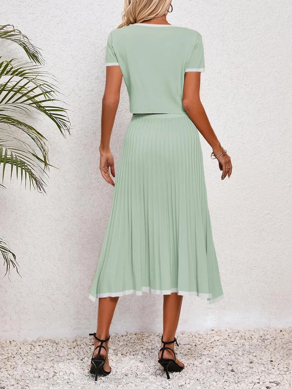 Imily Bela Womens 2 Piece Sweater Outfits Sets Short Sleeve V Neck Crop Top Knit Midi Long Pleated Skirt Dresses
