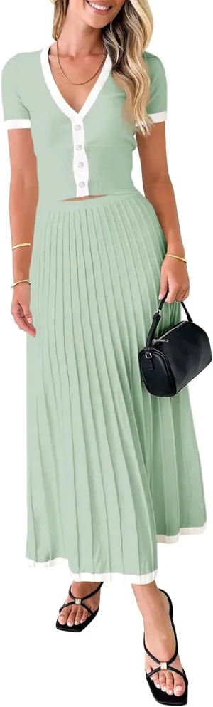 Imily Bela Womens 2 Piece Sweater Outfits Sets Short Sleeve V Neck Crop Top Knit Midi Long Pleated Skirt Dresses