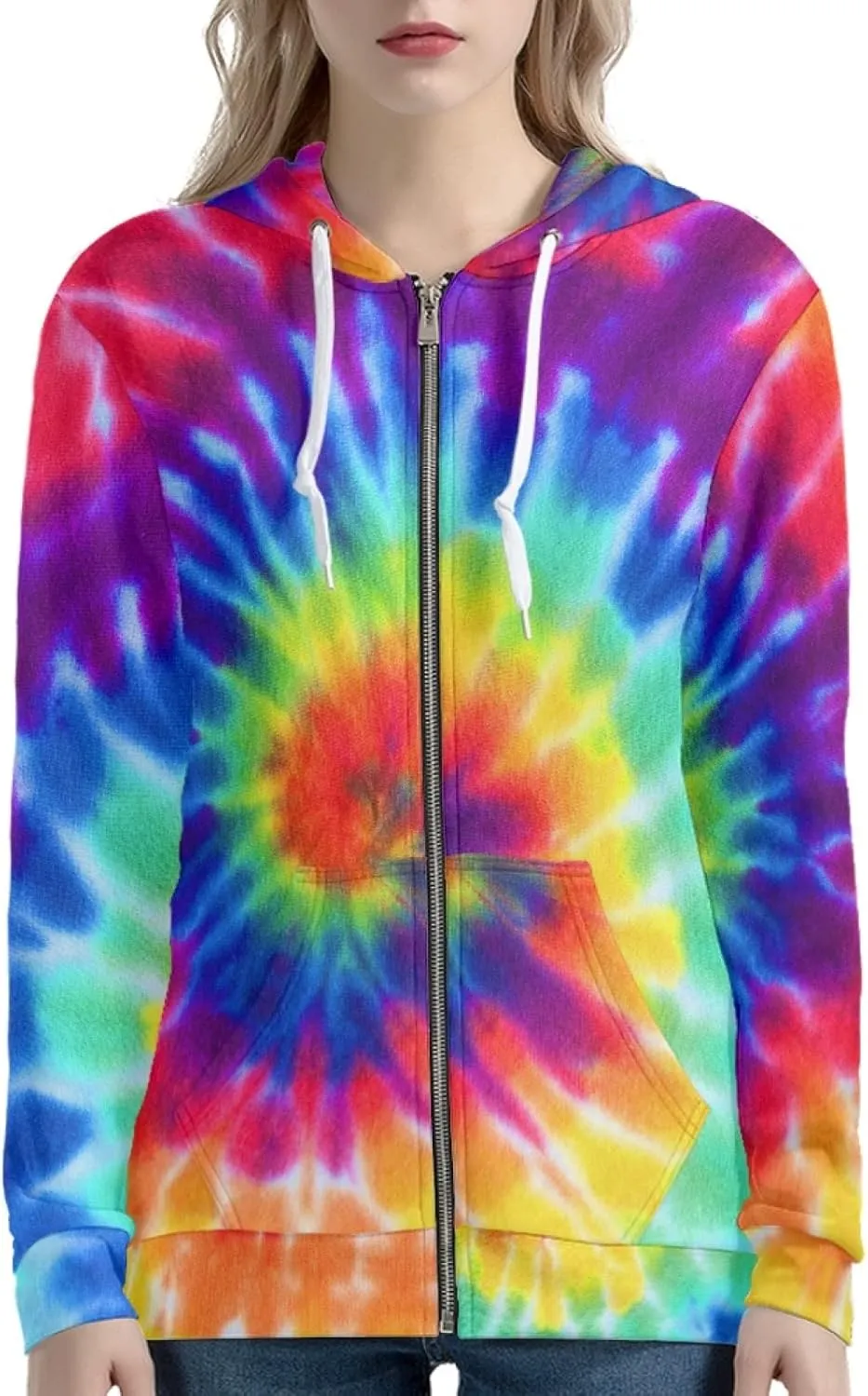 Irisjudy Color Stripes Zip up Hoodies for Women, Monet Art Sport Sweatshirt Women Ladies Hooded Tops for Spring Fall