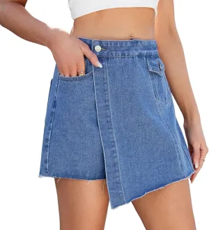Jean Skirts Denim Mini Pants Dress 2025 Skorts WomenTrendy Stretchy Asymmetrical High Waisted Faux Wrap Pockets