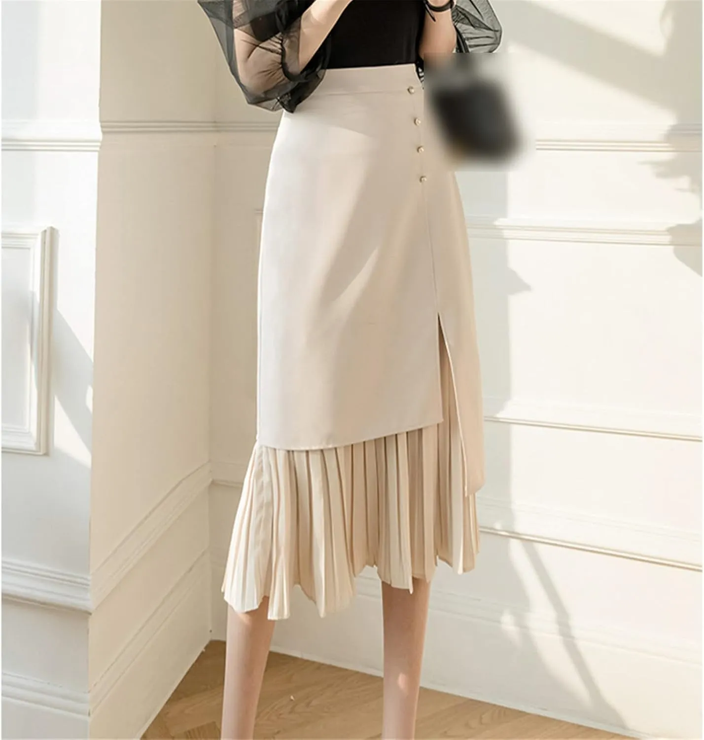 Kelsiop Women's Skirts High Waist Beaded Midi Skirt Solid Color Retro Fashion Summer Pleated Skirts