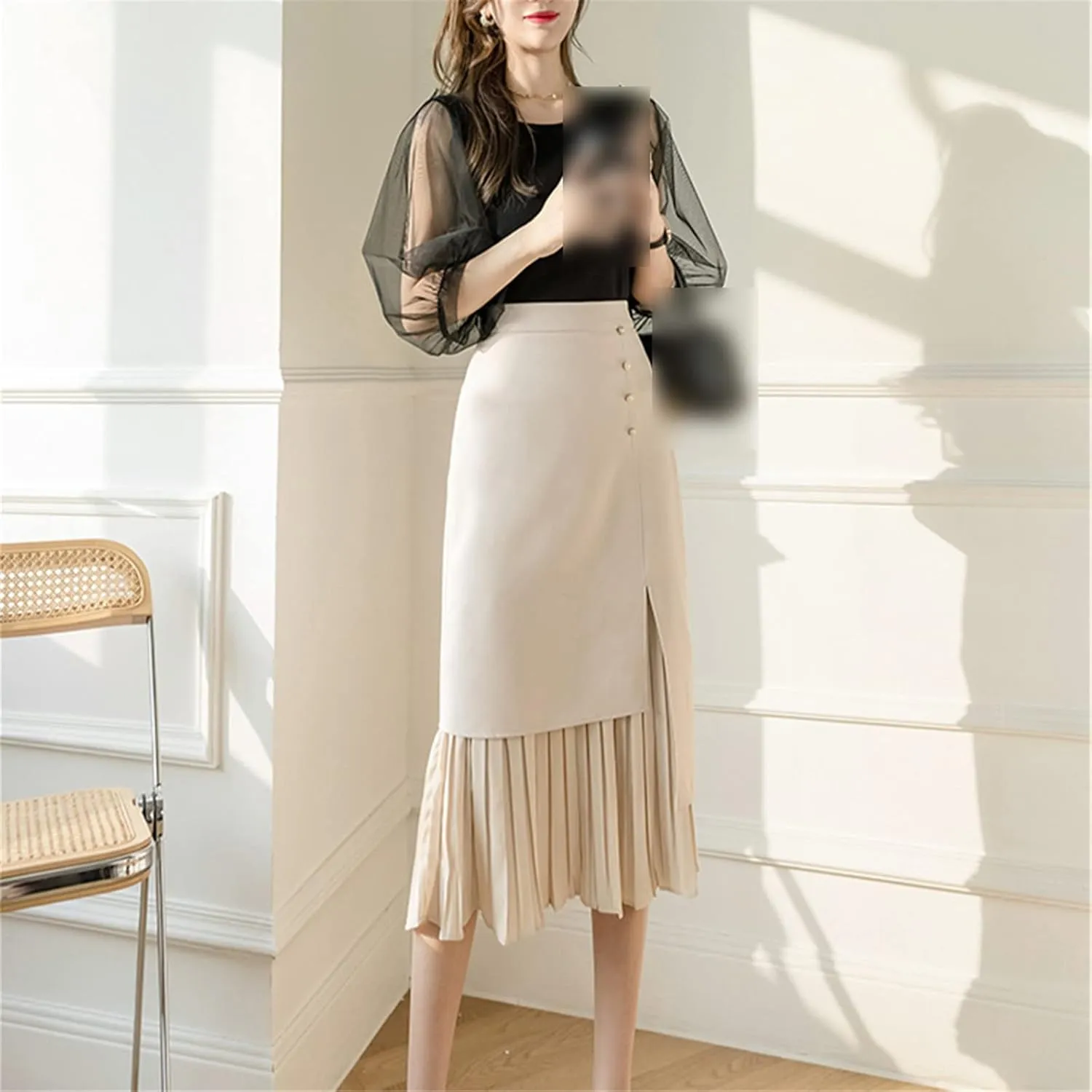 Kelsiop Women's Skirts High Waist Beaded Midi Skirt Solid Color Retro Fashion Summer Pleated Skirts
