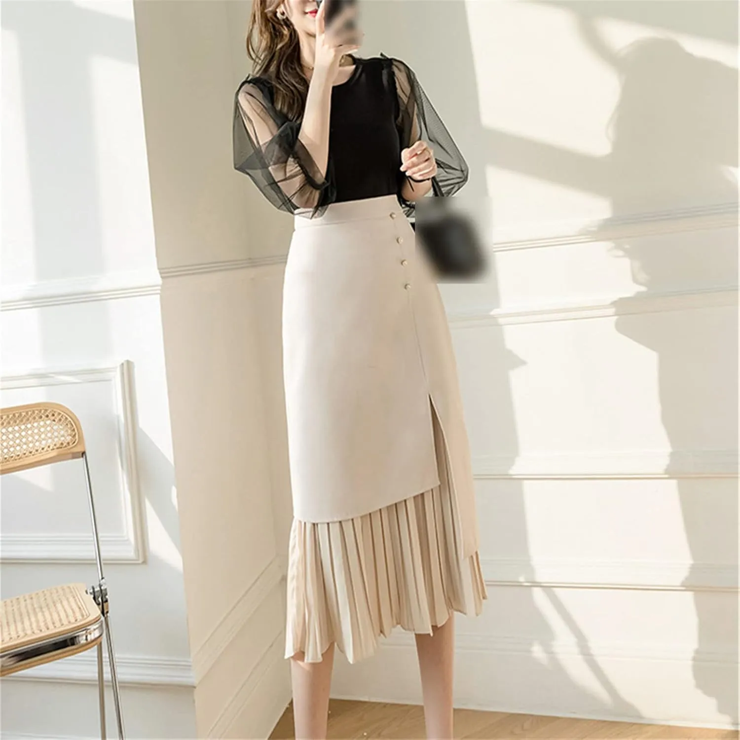 Kelsiop Women's Skirts High Waist Beaded Midi Skirt Solid Color Retro Fashion Summer Pleated Skirts