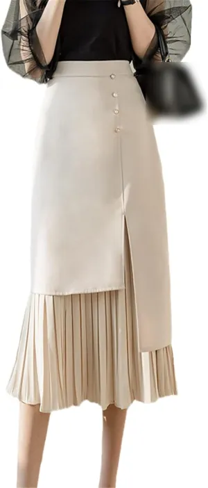 Kelsiop Women's Skirts High Waist Beaded Midi Skirt Solid Color Retro Fashion Summer Pleated Skirts