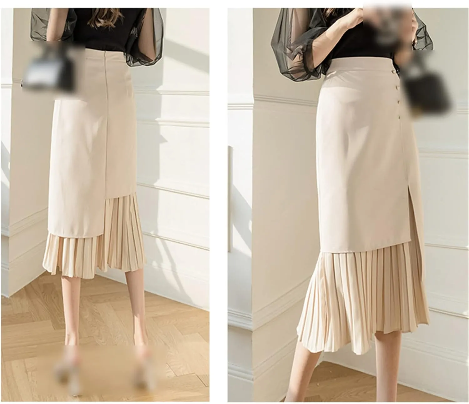 Kelsiop Women's Skirts High Waist Beaded Midi Skirt Solid Color Retro Fashion Summer Pleated Skirts