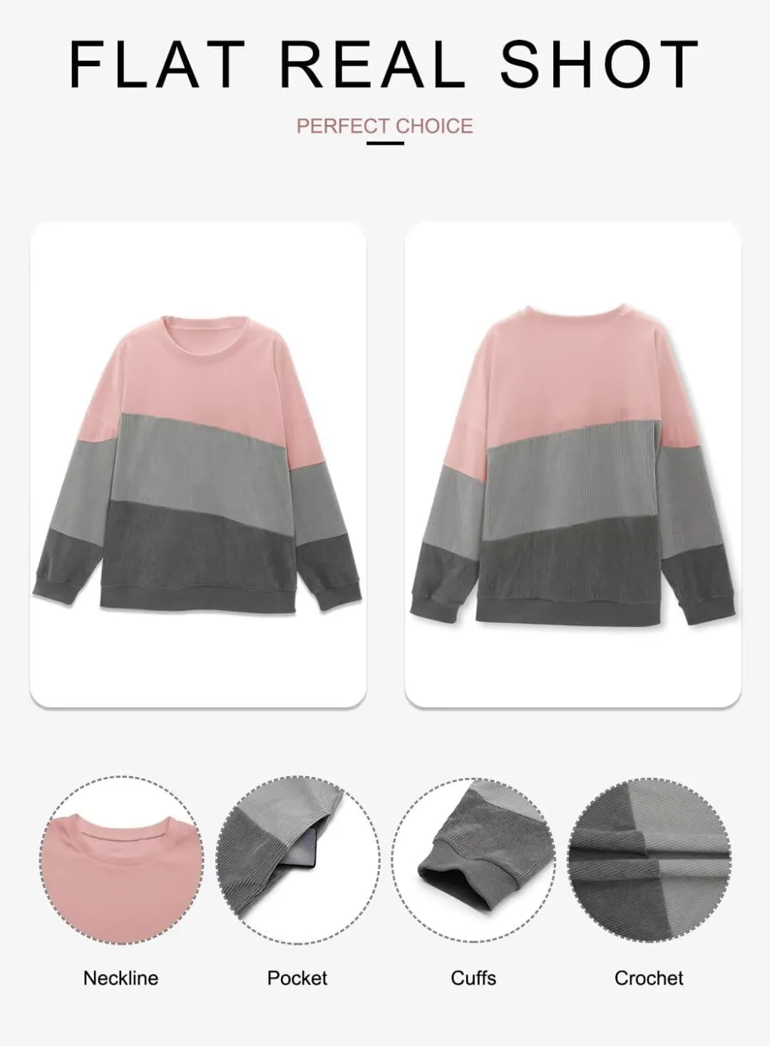 KISSMODA Womens Casual Long Sleeve Sweatshirts Color Block/Solid Tops Corduroy Crewneck Tunic Pullover with Pockets