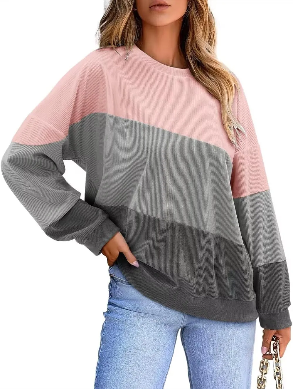 KISSMODA Womens Casual Long Sleeve Sweatshirts Color Block/Solid Tops Corduroy Crewneck Tunic Pullover with Pockets