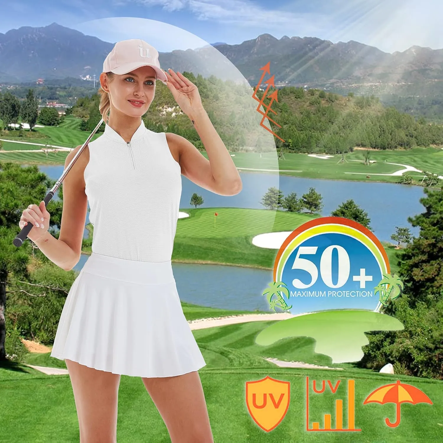 LastFor1 Women's Golf Polo Sleeveless Shirt Zip-Up UPF 50  UV Protection Athletic Tops Slim Fit Quick Dry Lightweight