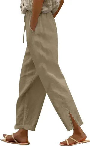 Linen Pants for Women 2025 Summer High Waist Elastic Straight Leg Pant Casual Loose Lightweight Beach Trousers