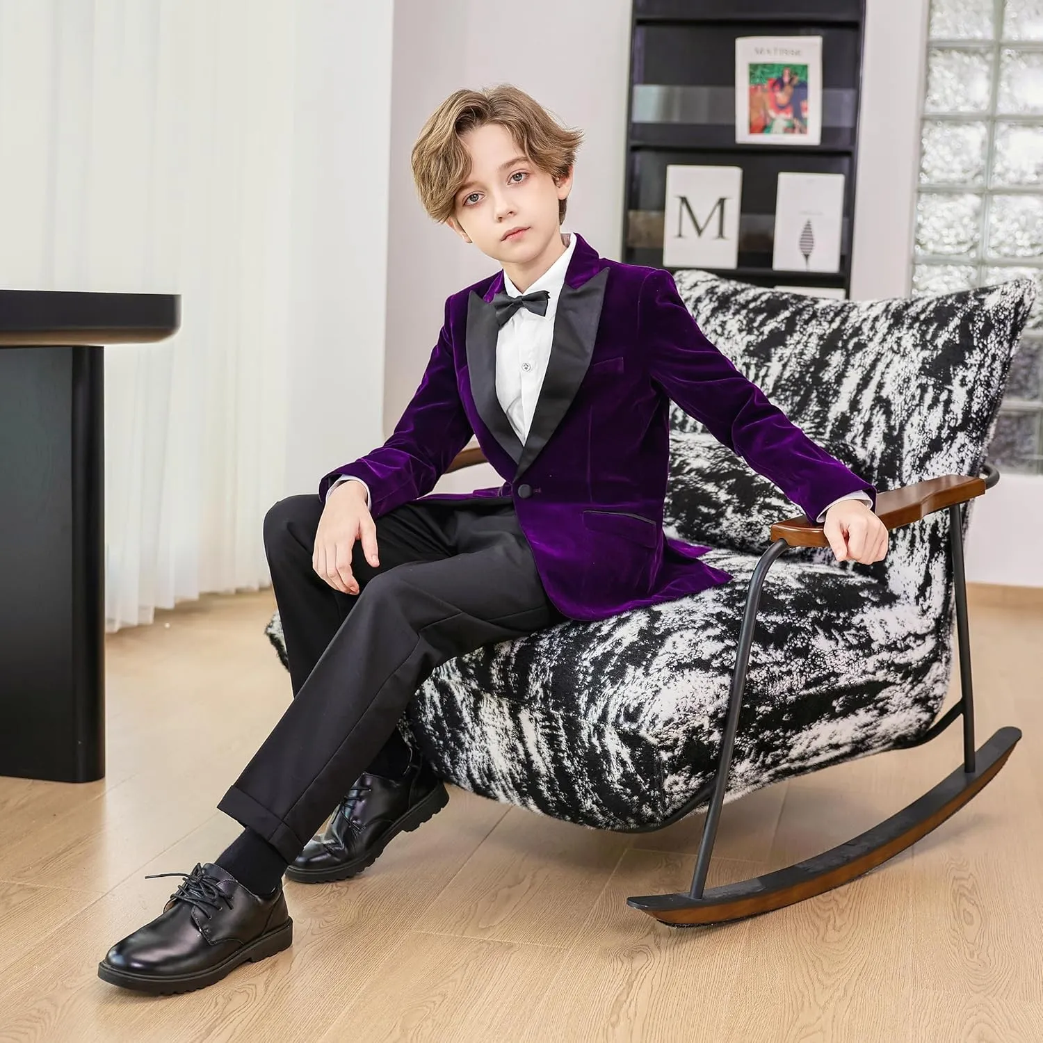 LOLANTA Boys 4 Piece Velvet Suit Formal Tuxedo Kids Slim Fit Blazer Dress Shirt Pants Outfit with Bow Tie