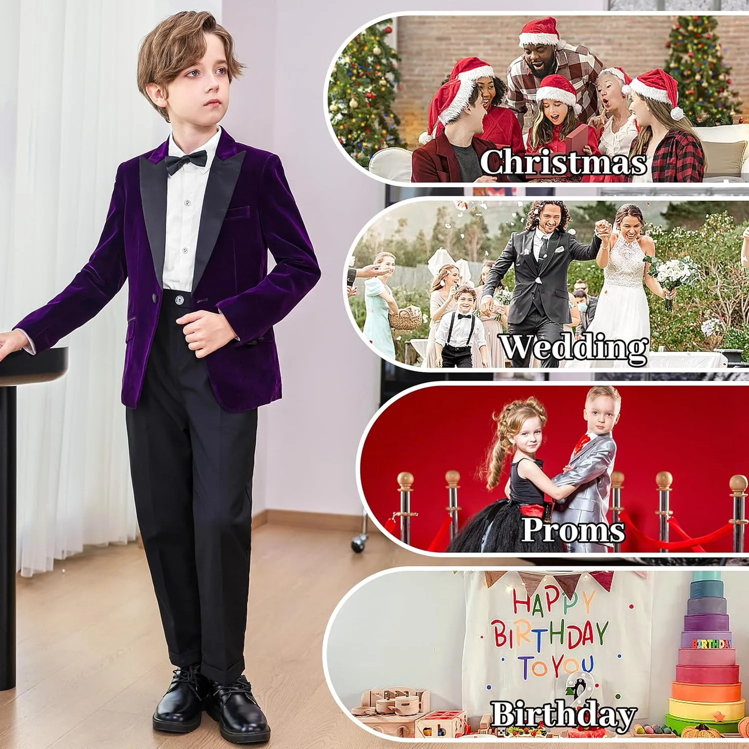 LOLANTA Boys 4 Piece Velvet Suit Formal Tuxedo Kids Slim Fit Blazer Dress Shirt Pants Outfit with Bow Tie