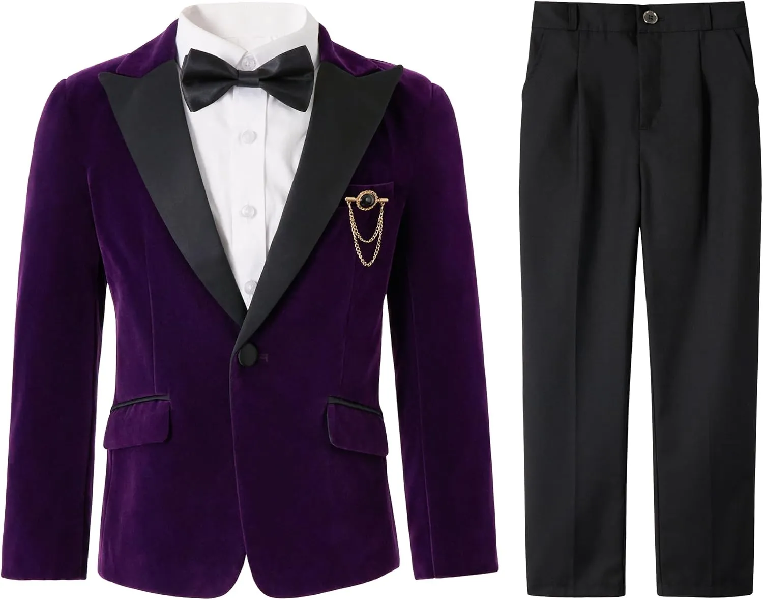 LOLANTA Boys 4 Piece Velvet Suit Formal Tuxedo Kids Slim Fit Blazer Dress Shirt Pants Outfit with Bow Tie