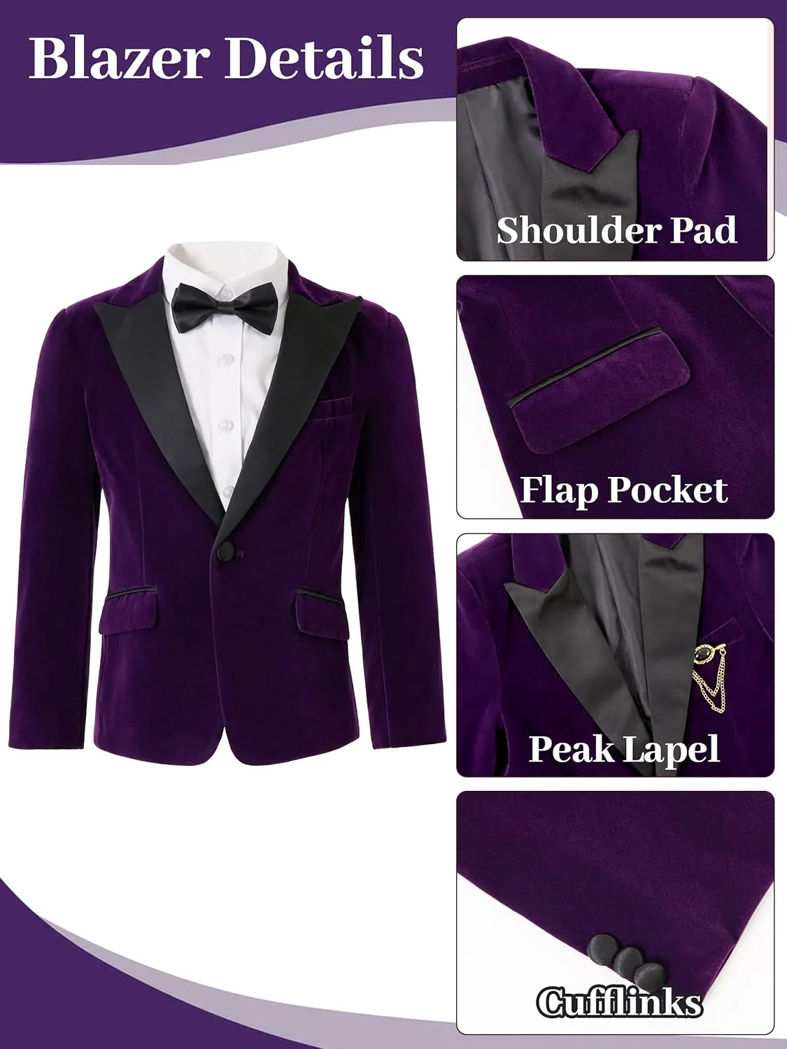 LOLANTA Boys 4 Piece Velvet Suit Formal Tuxedo Kids Slim Fit Blazer Dress Shirt Pants Outfit with Bow Tie