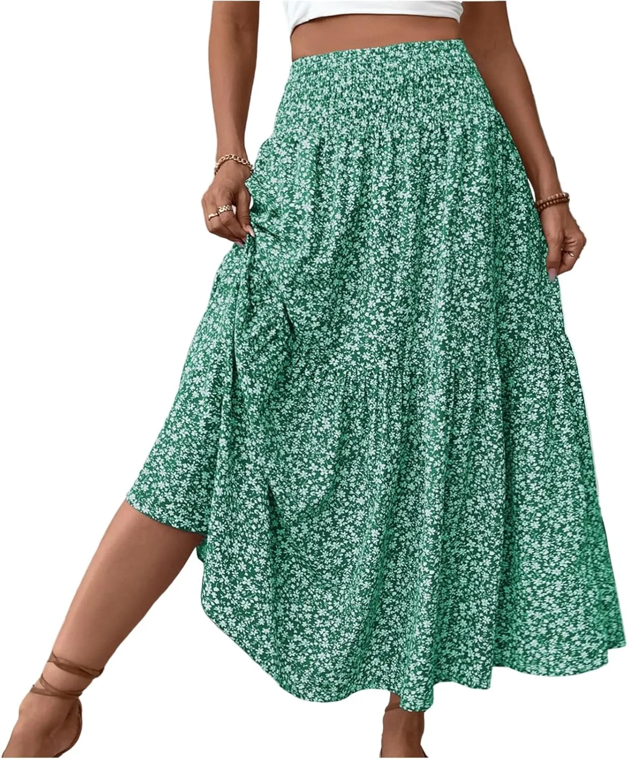 Long Flowy Skirts for Women Smocked High Waisted Floral Maxi Skirt with Pockets Boho Ruffle Tiered Beach A Line Skirt